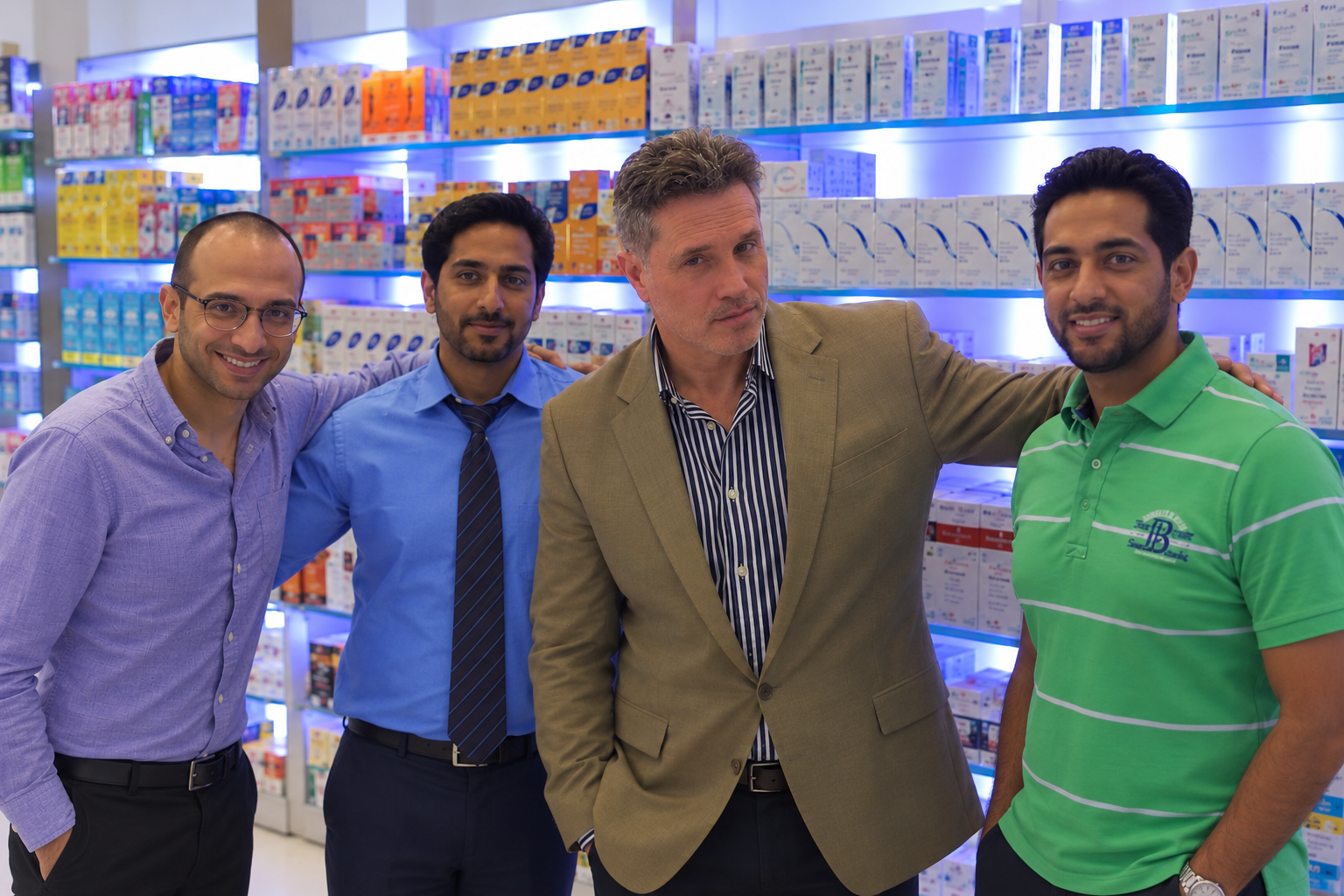 Continuum Innovative team with pharmacy retail partners in front of an in-store HairGenesis retail display in the GCC.