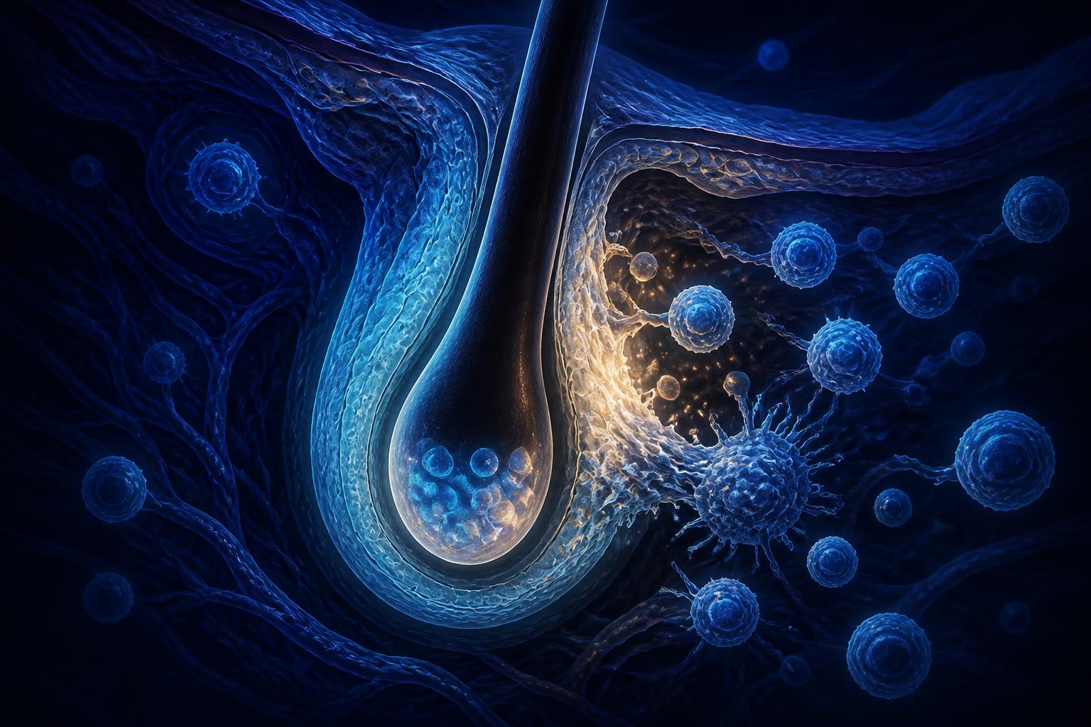 Dark navy scientific illustration of a hair follicle immune sanctuary being infiltrated at its periphery by luminous immune cells.
