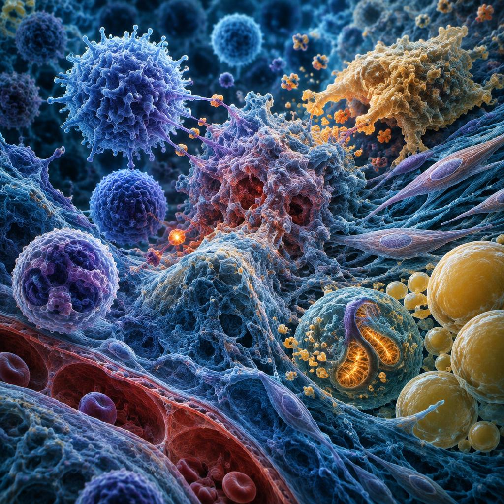Distinct biological domains interacting within a common tissue microenvironment.