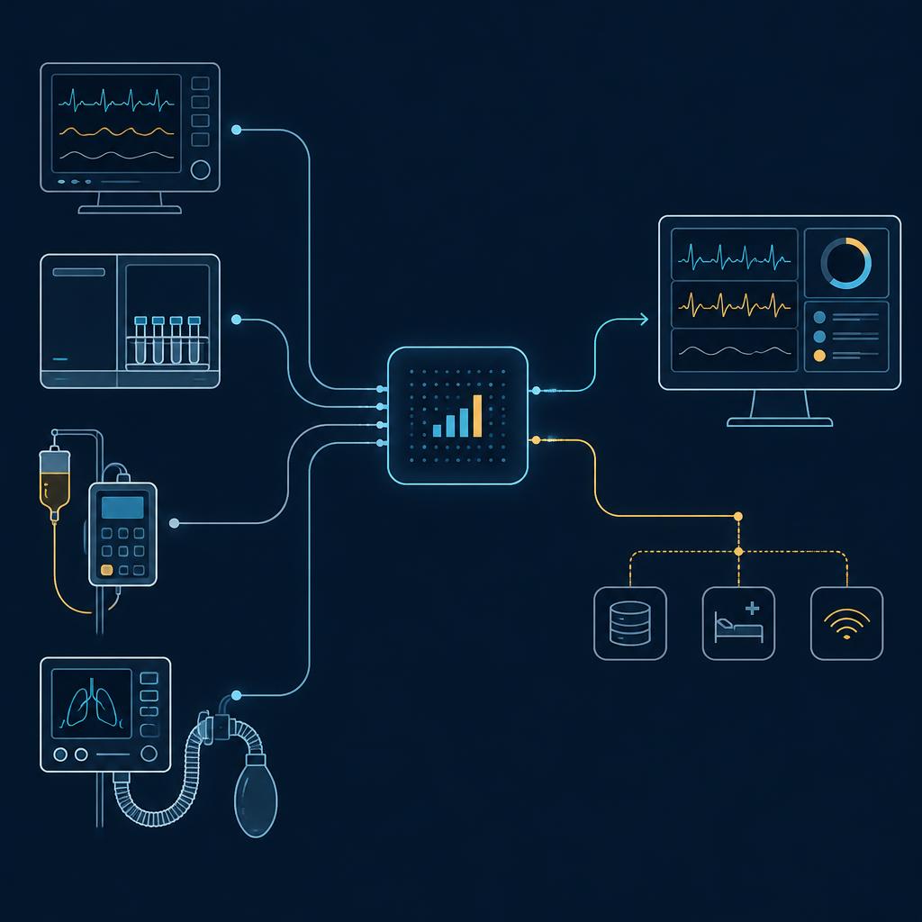 Monitors, laboratory analyzers, infusion and respiratory systems feeding an analytic processor, with clinician-facing and device-facing outputs.