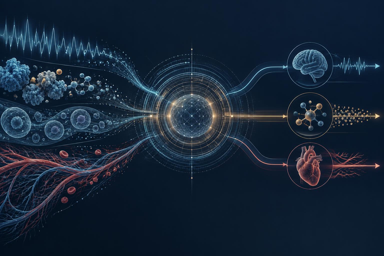 Asynchronous biological streams entering a central state processor and emerging as prioritized measurement, intervention and device-control outputs.