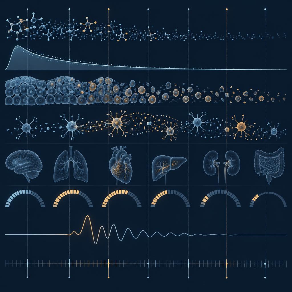 Eight asynchronous biological streams sampled together over time, from toxin identity and burden to physiologic reserve and diagnostic latency.