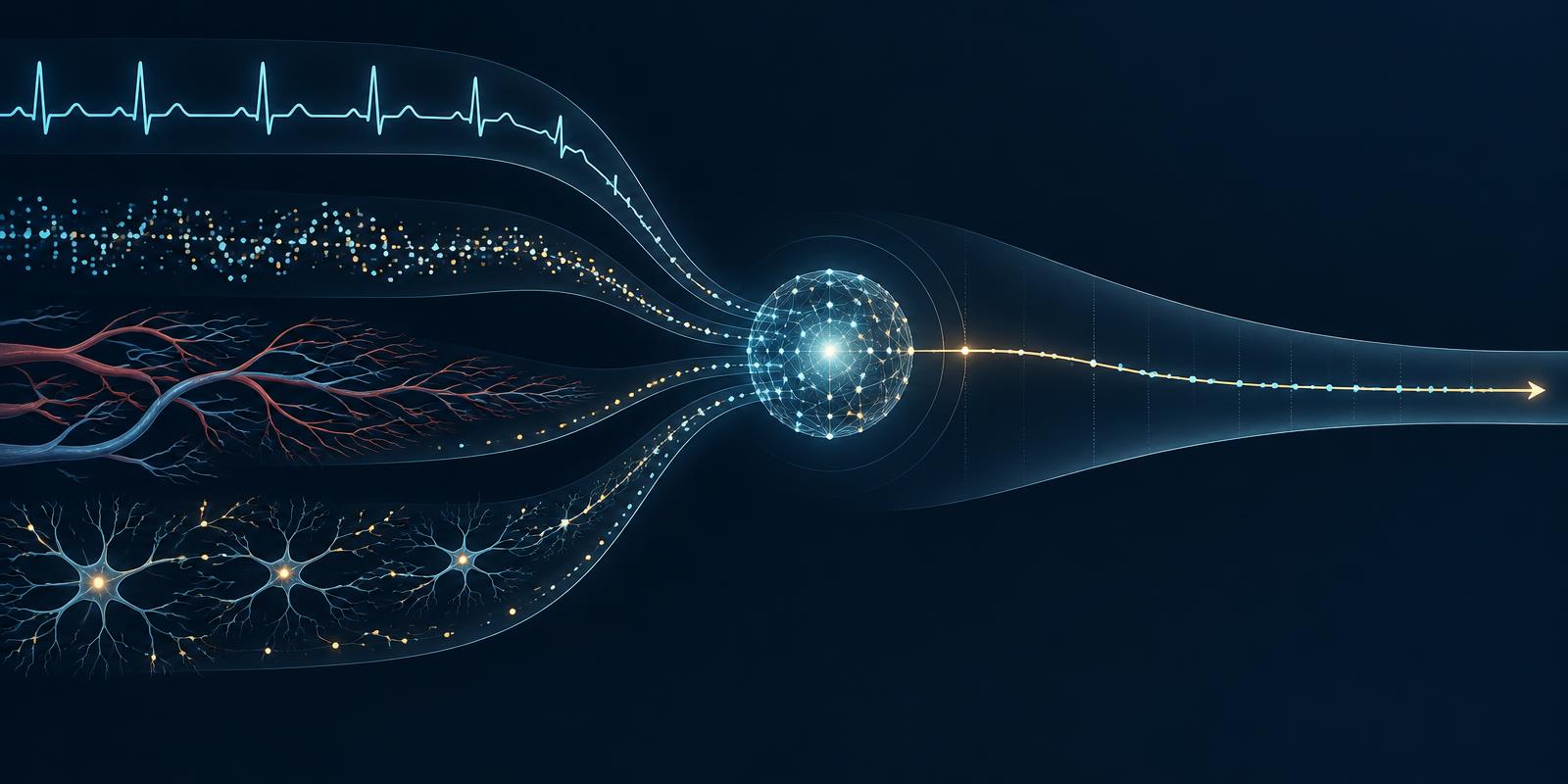 Synchronized physiologic, molecular, vascular and neurologic signal streams converging through an analytic node into a single causal-control trajectory within a narrowing therapeutic window.