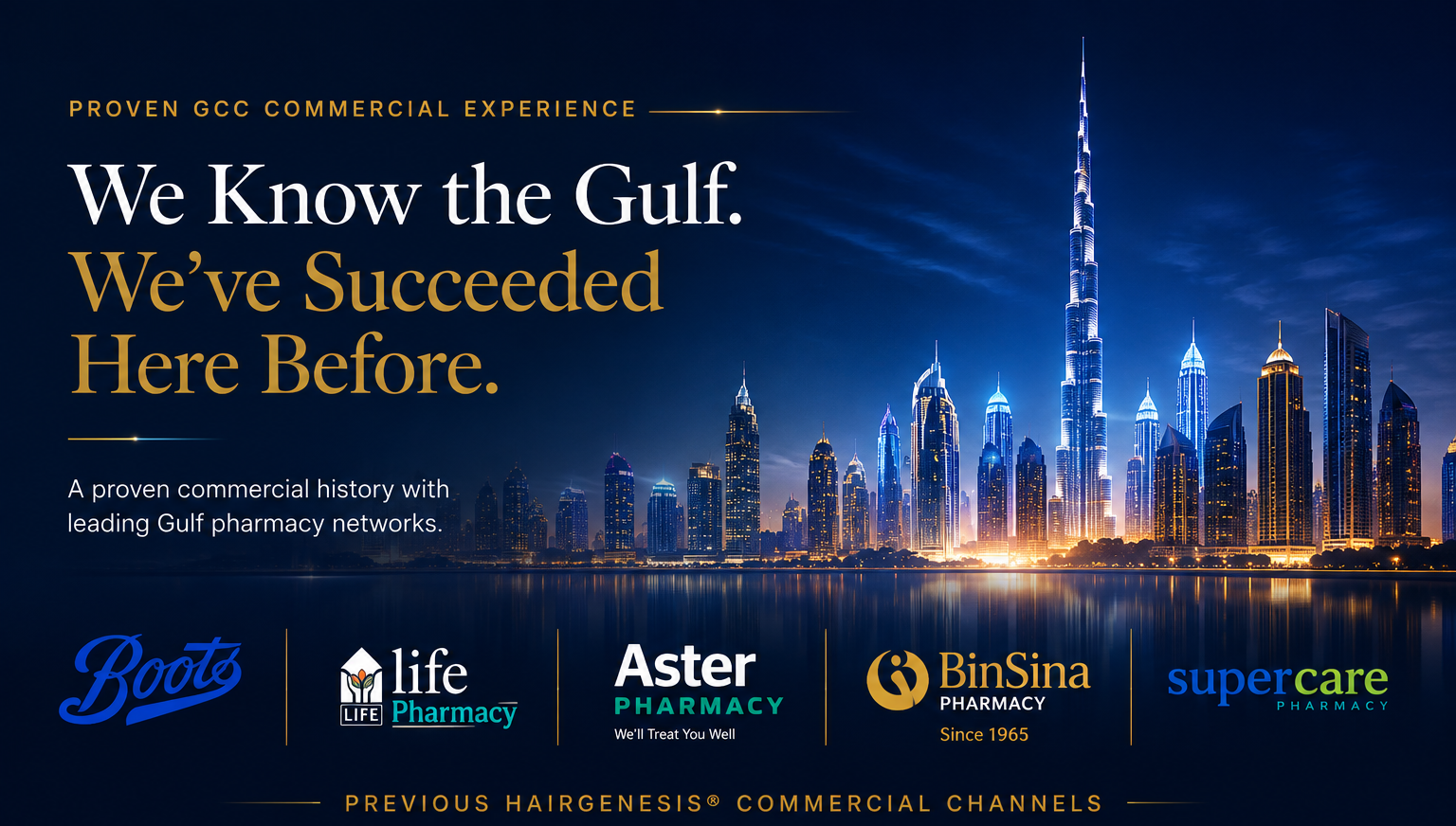 We Know the GCC. We've Succeeded Here Before — a proven commercial record with Boots, Life Pharmacy, Aster Pharmacy, BinSina Pharmacy, and Supercare Pharmacy