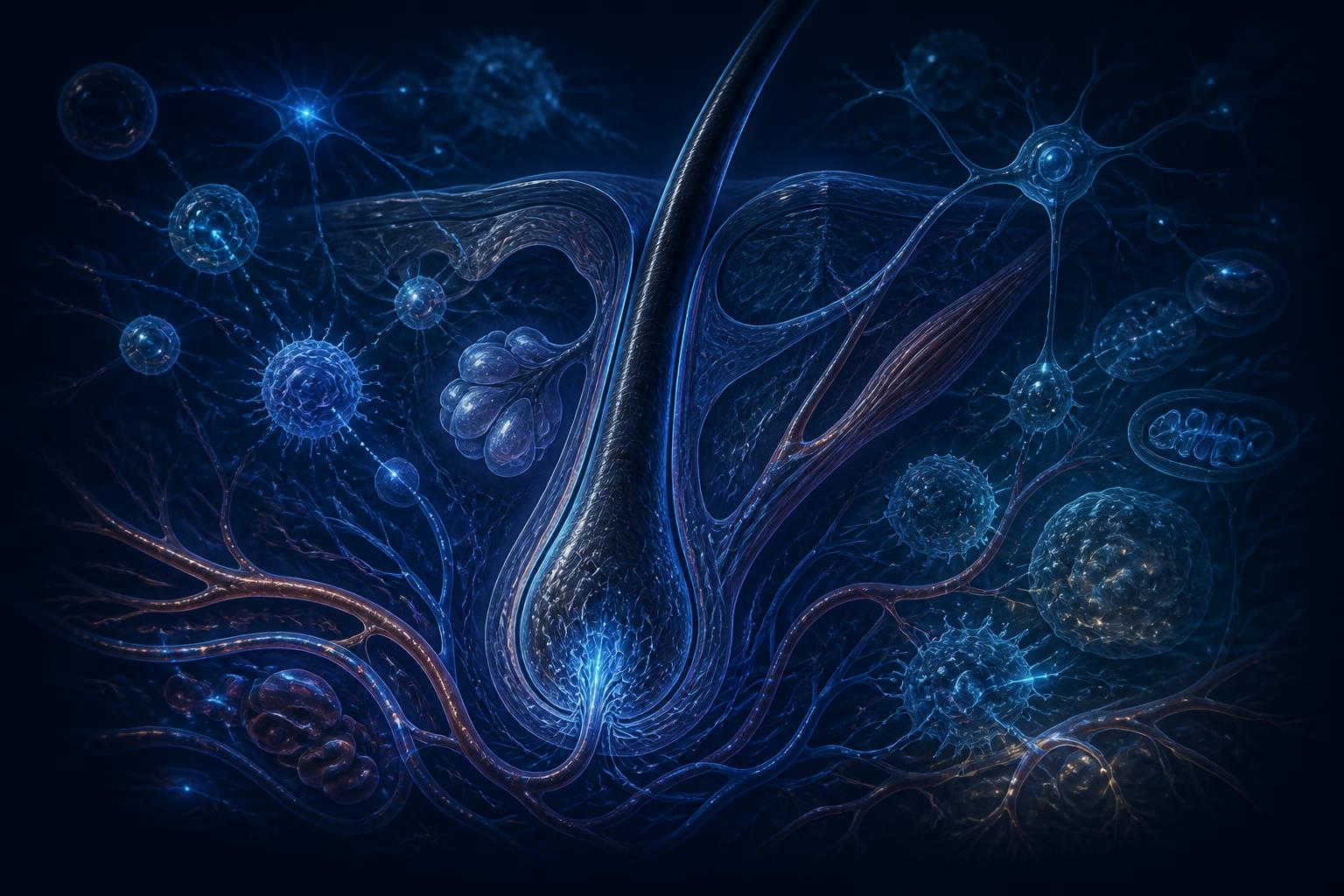 Dark navy scientific illustration of a hair follicle depicted as a polygenic micro-organ with converging endocrine, immune, vascular, and metabolic networks.