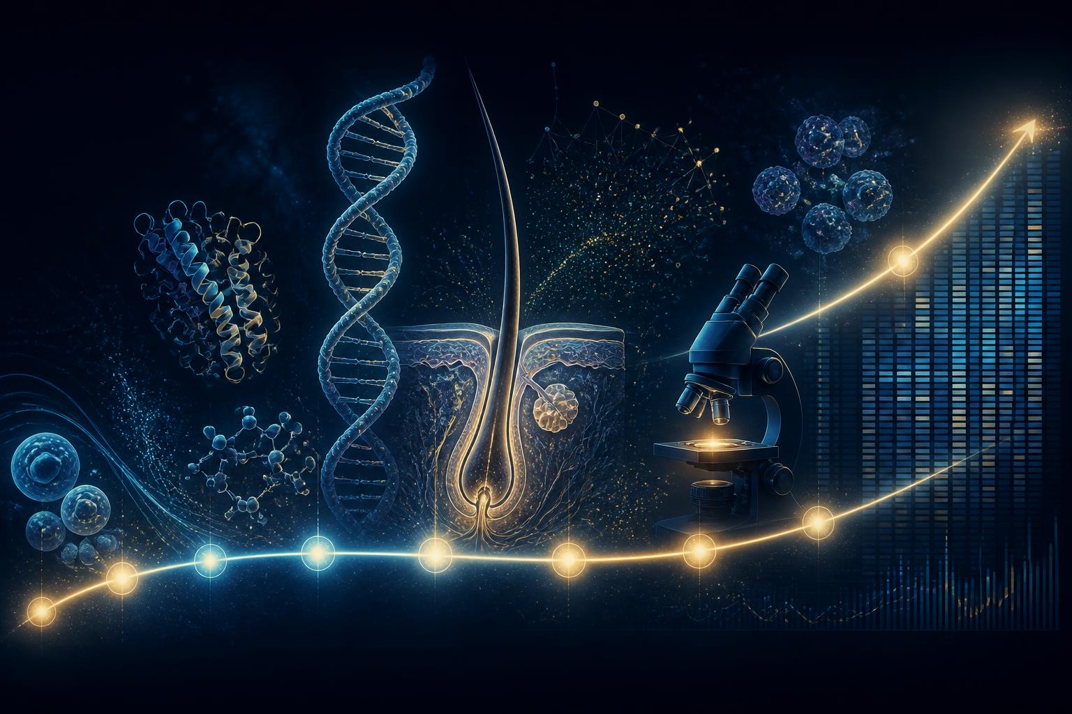 Editorial scientific illustration: a luminous chronological arc from 2002 to the present, punctuated by DNA, a hair follicle cross-section, molecular structures, a microscope, and genomic heatmap grids.