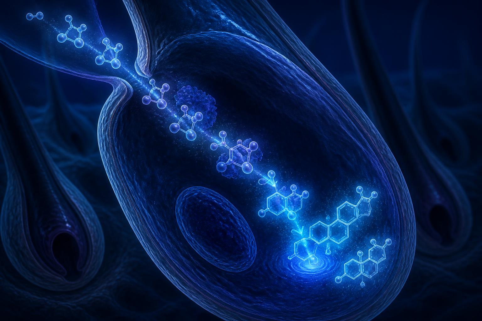 Dark navy scientific illustration of intracrine hormone regulation inside a follicular cell, with precursor molecules being converted into bioactive androgens.