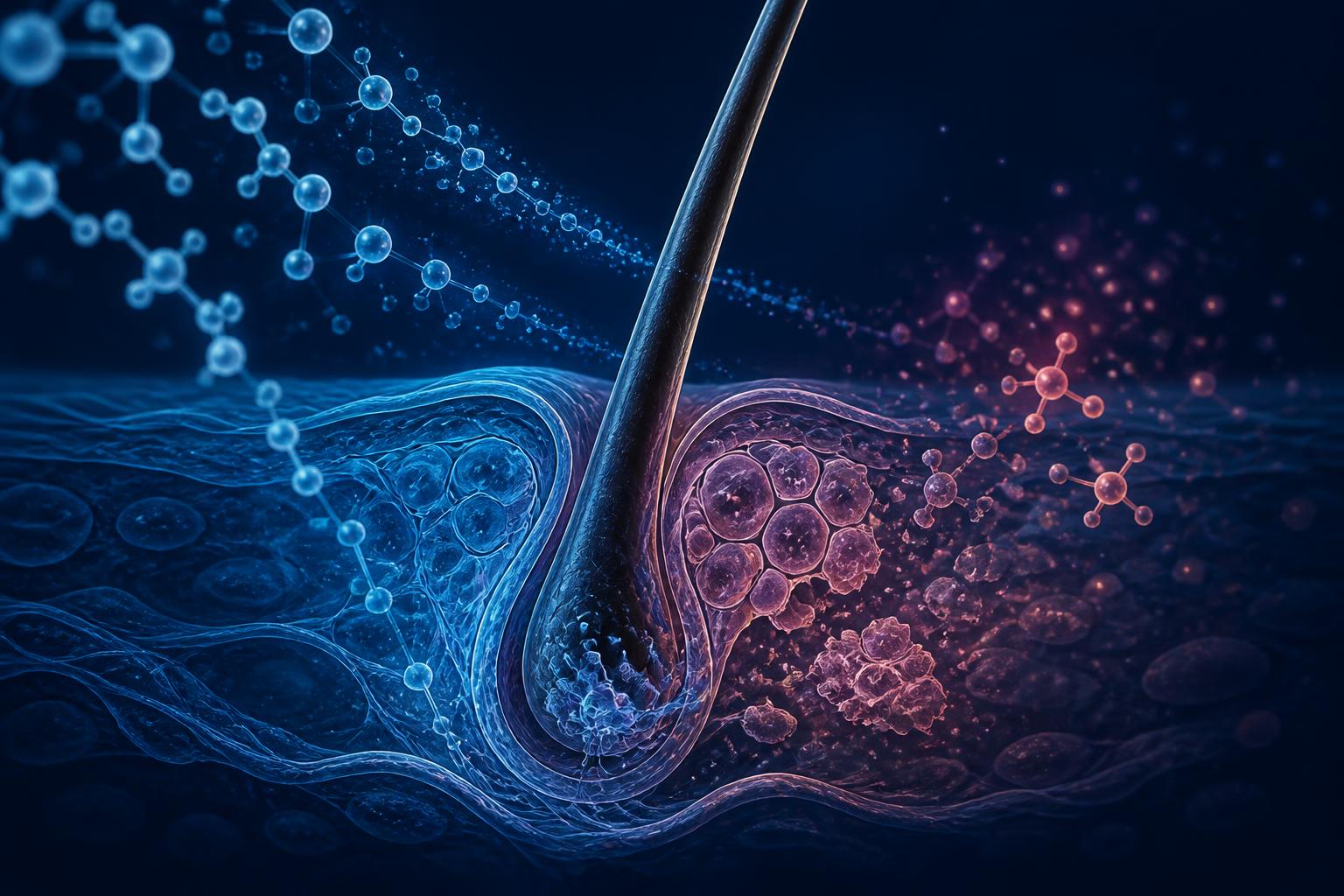 Dark navy scientific illustration of menopausal follicular destabilization, showing descending estrogen molecules and a follicle whose supporting hormonal environment is shifting.