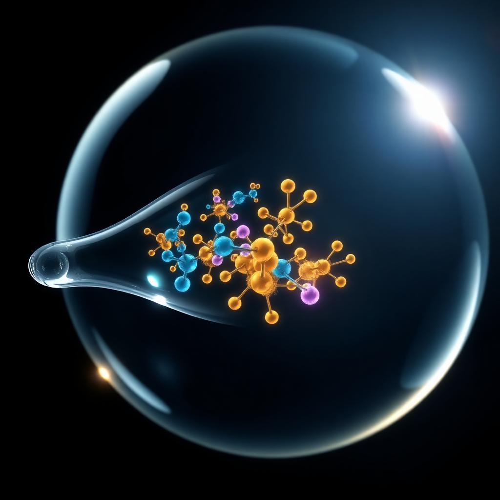 Illustration of a translucent formulation droplet containing multiple coordinated molecular architectures