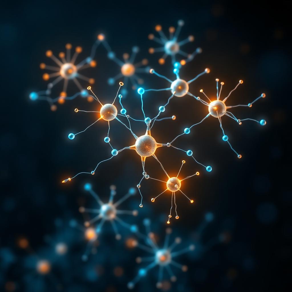 Illustration of a coordinated network of illuminated biological signaling nodes