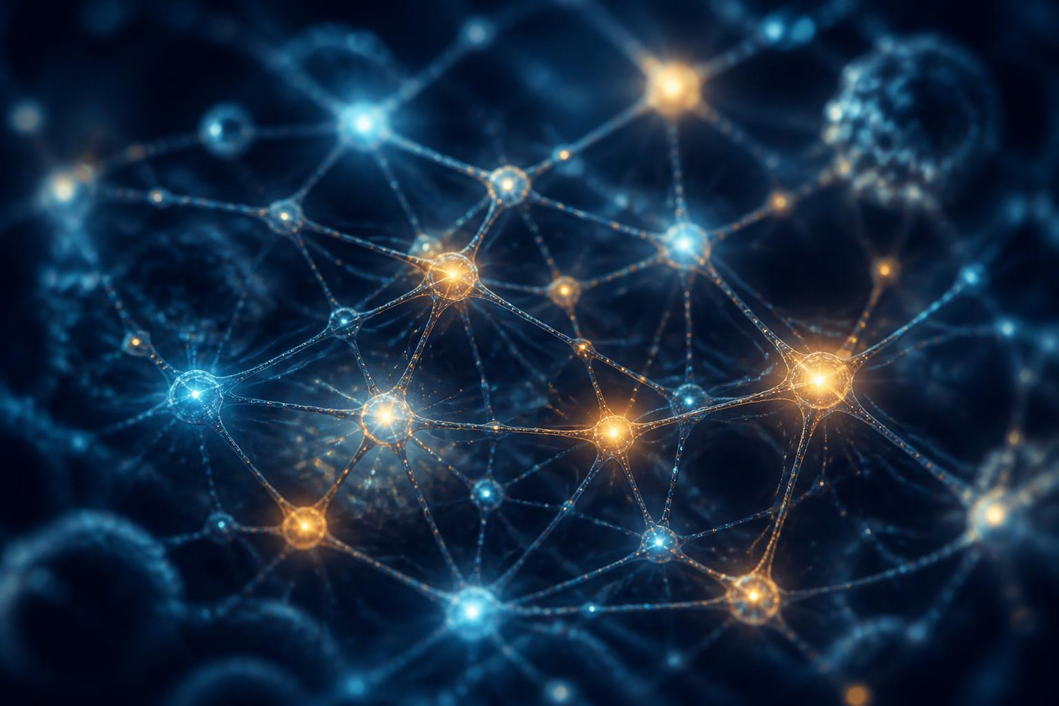 Abstract microscopy image of a coordinated multi-nodal signaling network