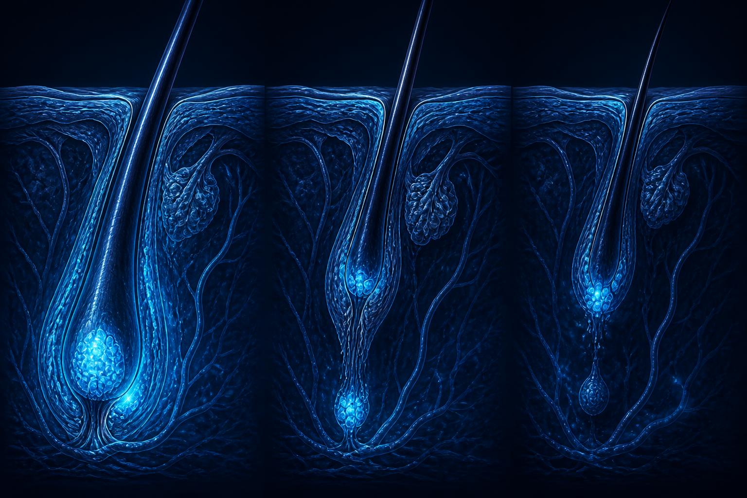 Dark navy scientific illustration of the hair follicle cycling through anagen, catagen, and telogen phases, with luminous stem cell niches at each phase.