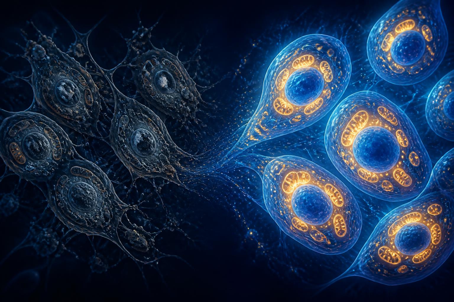 Dark navy scientific illustration contrasting senescent, dimmed cells with vibrant regenerated cells whose mitochondria glow with restored function.