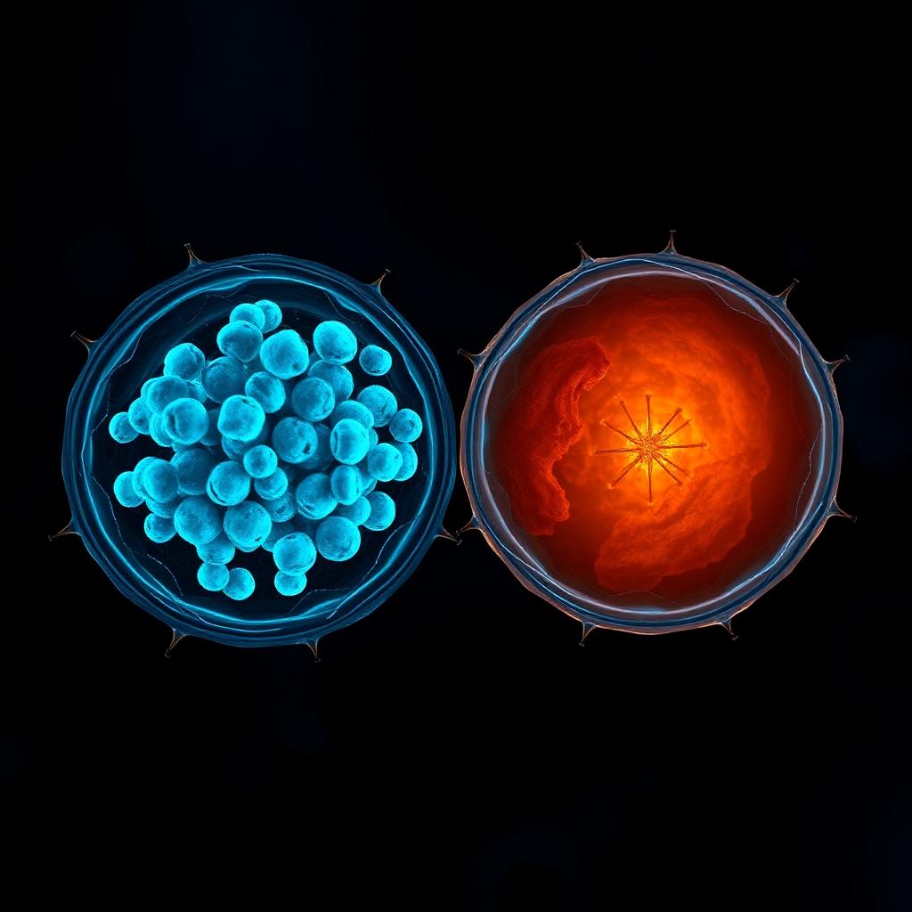 Illustration contrasting a vibrant youthful cell with a senescent, dimmer cell
