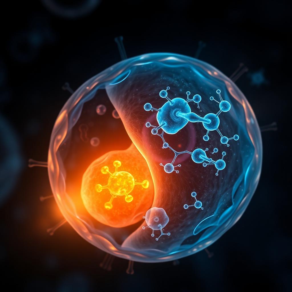 Illustration of a previously dim cell regaining metabolic activity and molecular signaling