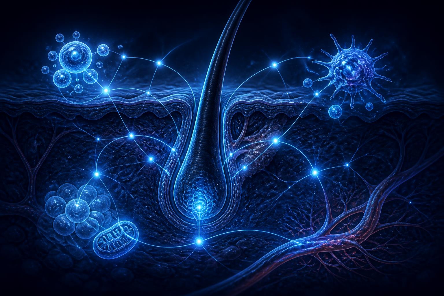 Dark navy scientific illustration of coordinated multi-nodal stabilization of a hair follicle, with glowing interconnected signaling points forming a stable network.