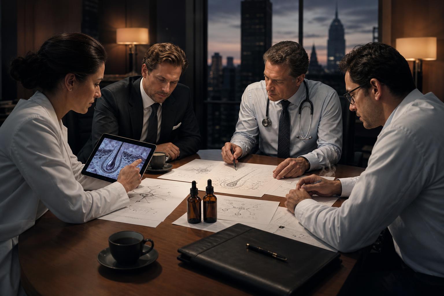 Scientists and business collaborators reviewing research together, illustrating the integration of discovery science and commercialization.